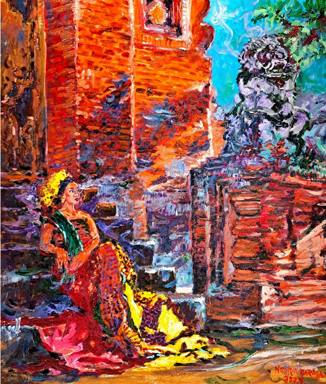 BALINESE GIRL AT GATEWAY, BALI. 2024.