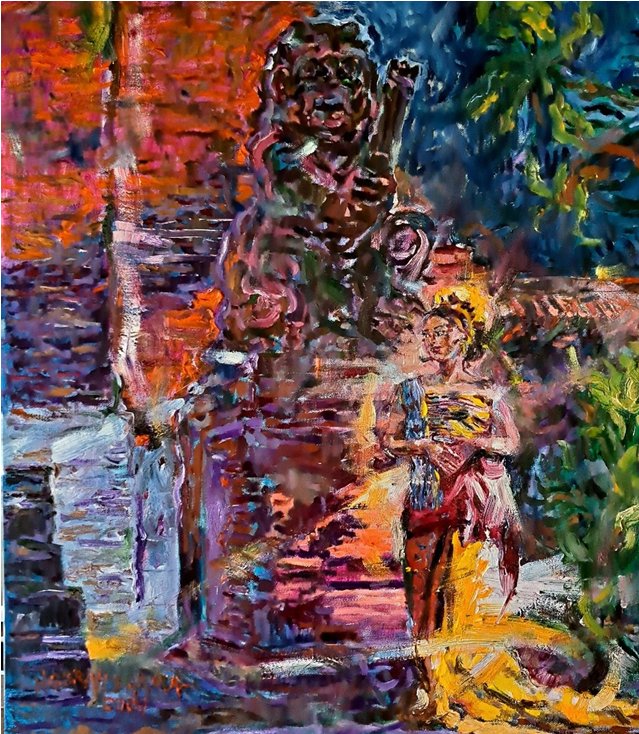 BALINESE GIRL AT GATEWAY, BALI.